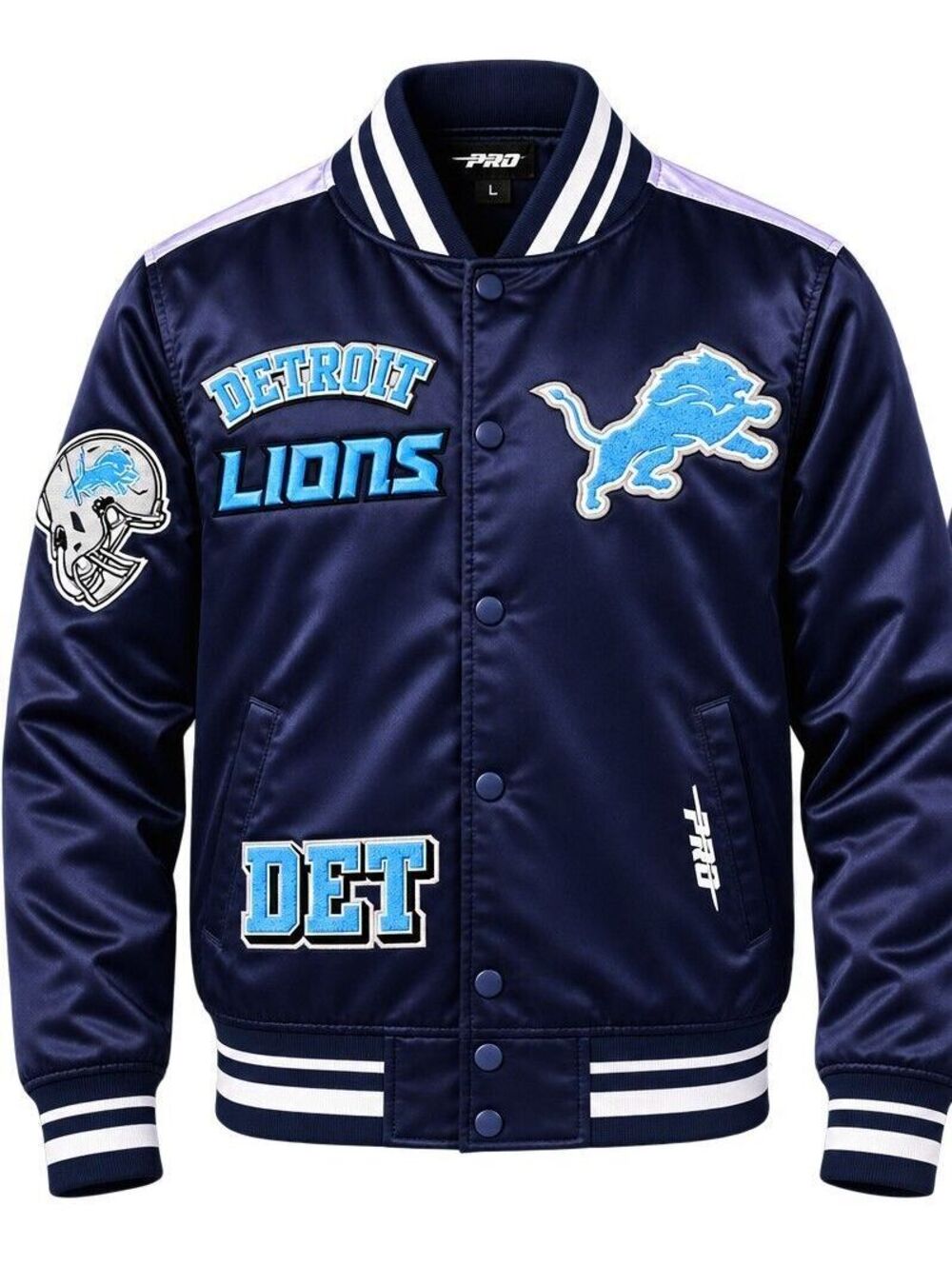 Detroit Lions NFL Pro Line Satin Bomber Jacket Men's Large Navy Blue